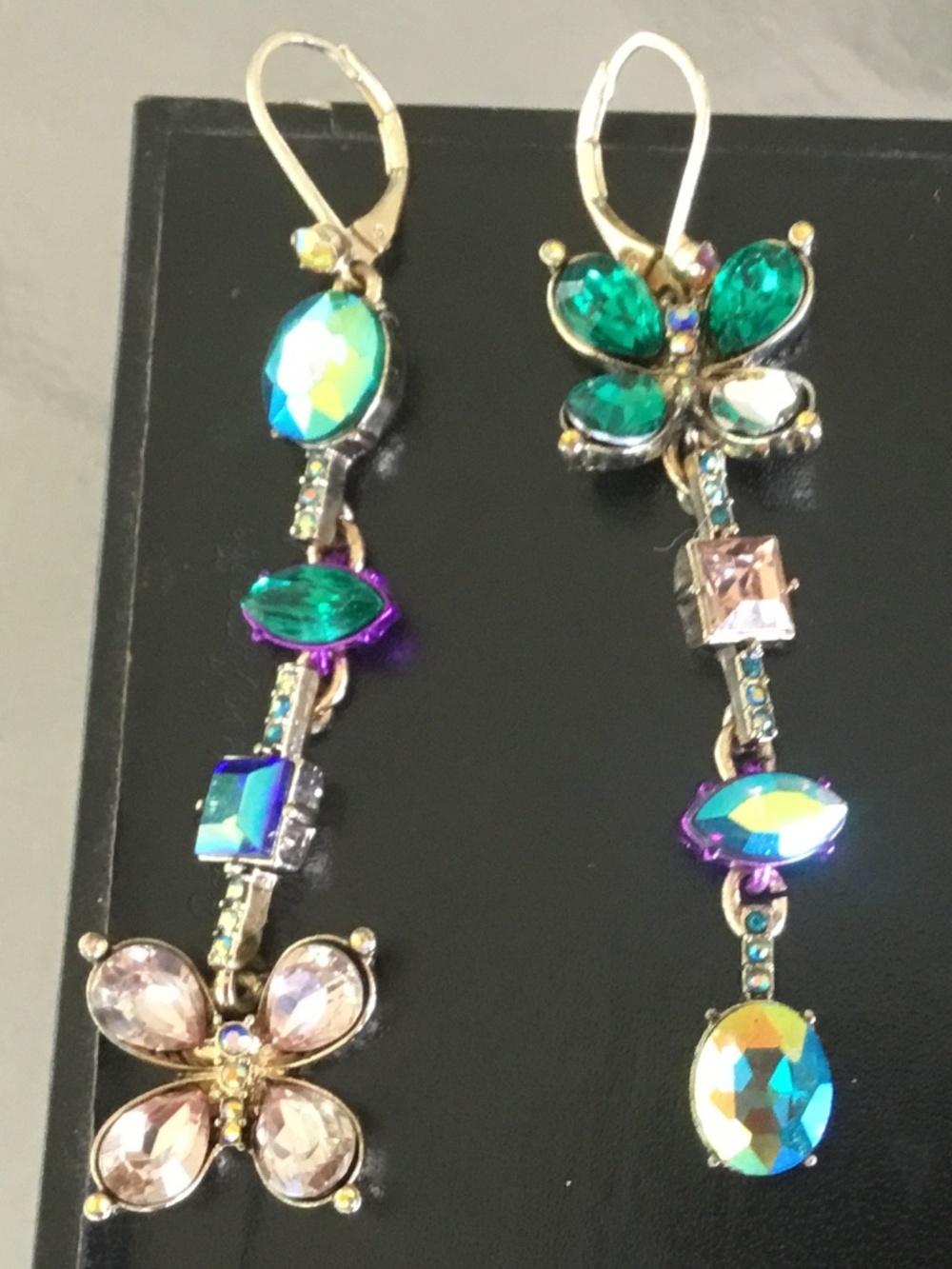 Boho style Betsy Johnson butterfly charm multi color earrings green / purple